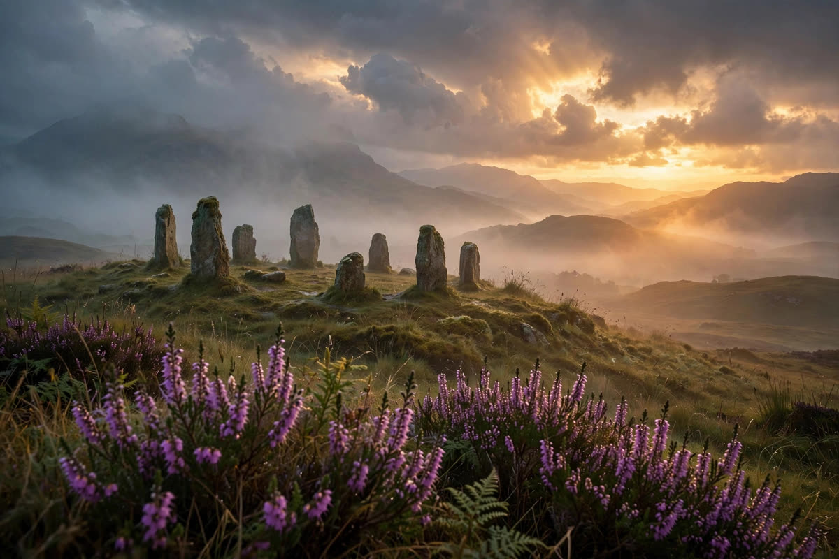 Ancient standing stones in the misty Scottish Highlands at sunset with purple heather — books like Outlander